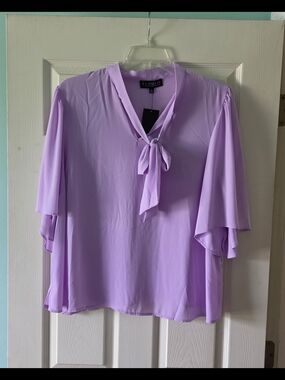Eloquii Lilac Tie-Neck Flutter Sleeve Blouse